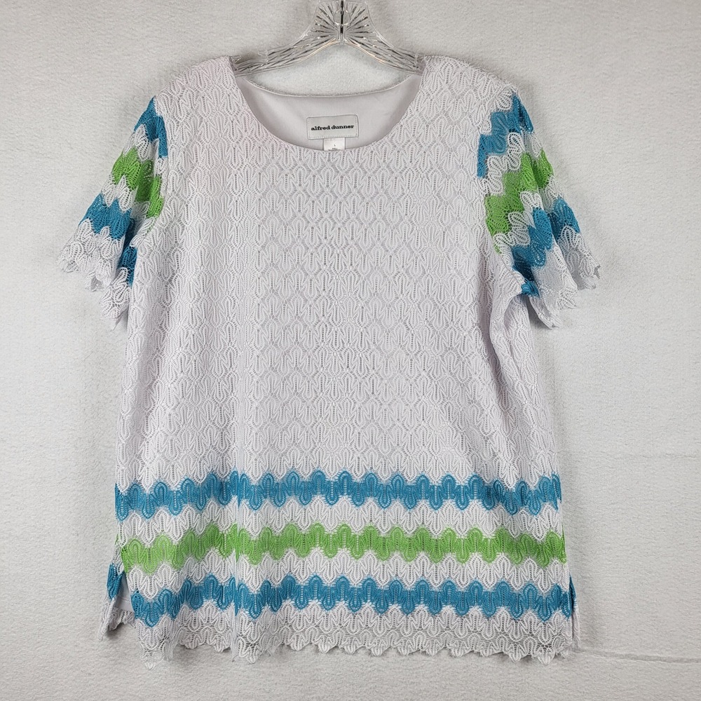 Alfred Dunner Womens Large‎ Lace Top Blue Green White Chevron Short Sleeve